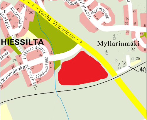 Karttakuva Hiessilta/Myllärinmäki alueesta, välissä Vanha Viipurintie. Punaisella merkitty alue, jossa vanha maanläjitysalue.